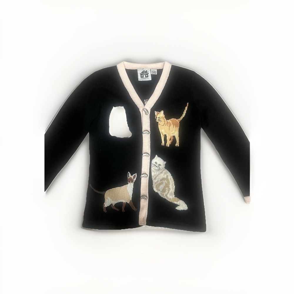 Storybook Knits Vtg Cat Cardigan Sweater Mouse Buttons Black Wool Grannycore Med